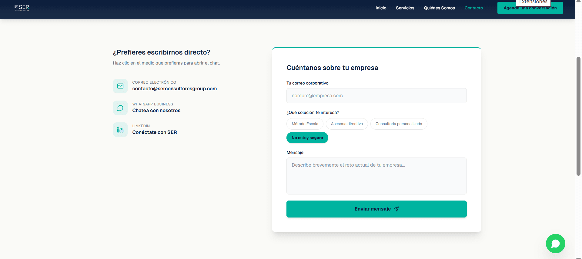 Página de contacto de SER Consultores