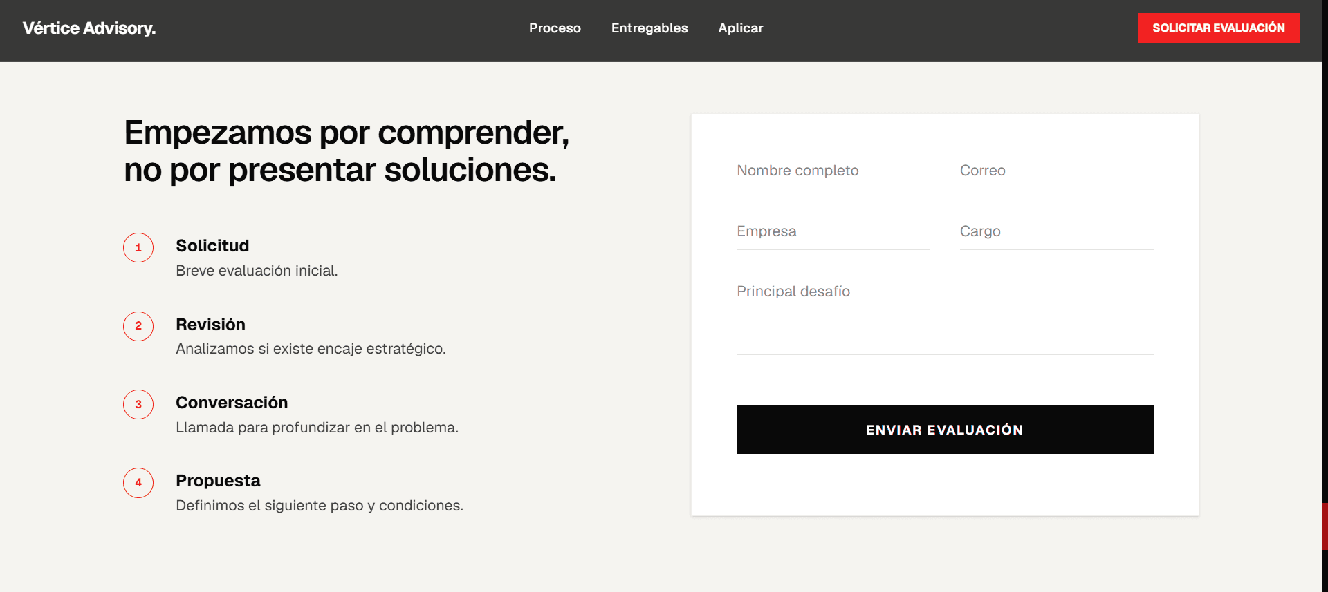 Formulario para solicitar una evaluación en Vértice Advisory