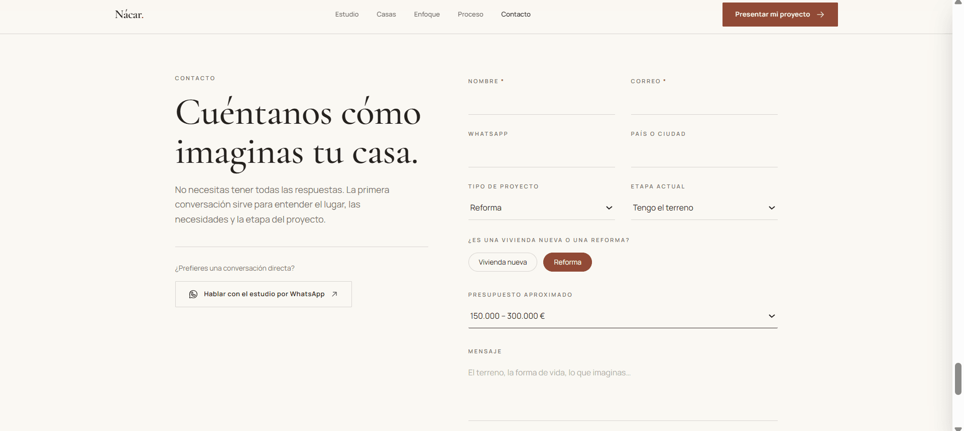 Formulario de contacto del estudio Nácar