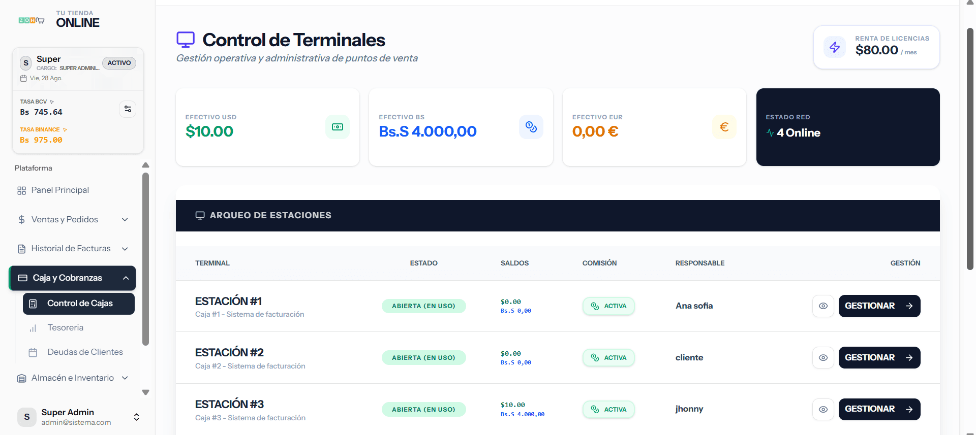 Control de terminales y cajas de Zoho Demo